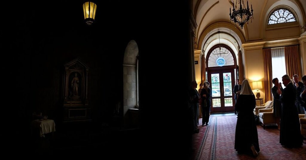 Somber interior of Dom św. Szymona w Krakowie, symbolizujący zasady katolickie wobec komercjalizacji sakralnych przestrzeni.