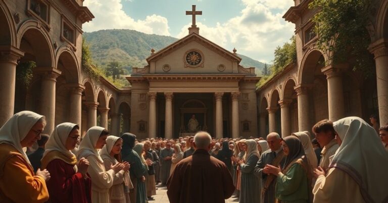 Zdjęcie przedstawiające Dom Święty w Loreto z tradycyjnym katolickim perspektywą, podkreślającym kontrowersje teologiczne.