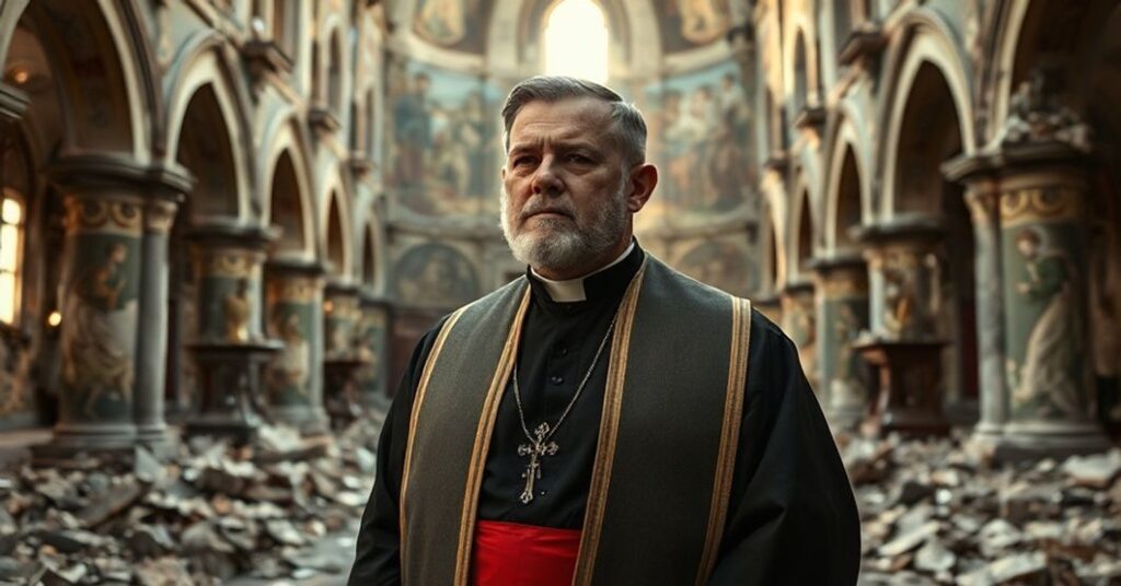 Pocieszka portret Dominika Duki w tradycyjnym stroju katolickim przed ruina kościoła symbolizująca zniszczenie Kościoła pod jego modernistycznym przywództwem.