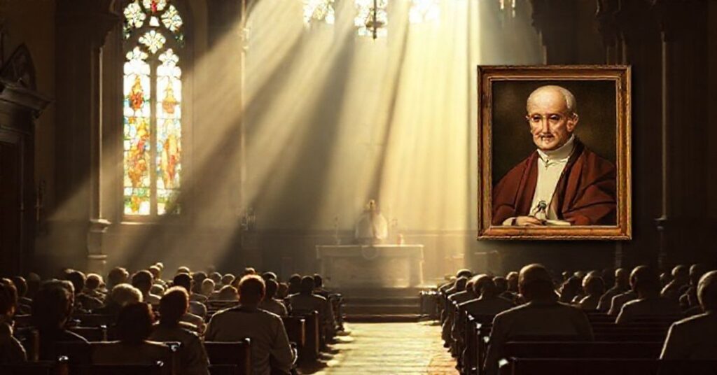 Wnętrze tradycyjnego kościoła katolickiego z wiernymi modlącymi się na kolanach podczas mszy św. na tle postaci Dominique'a Duki w nowoczesnym strójach duchownych.