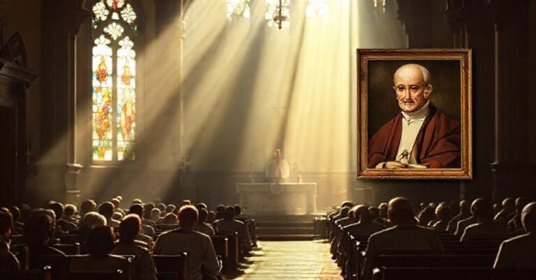 Wnętrze tradycyjnego kościoła katolickiego z wiernymi modlącymi się na kolanach podczas mszy św. na tle postaci Dominique'a Duki w nowoczesnym strójach duchownych.