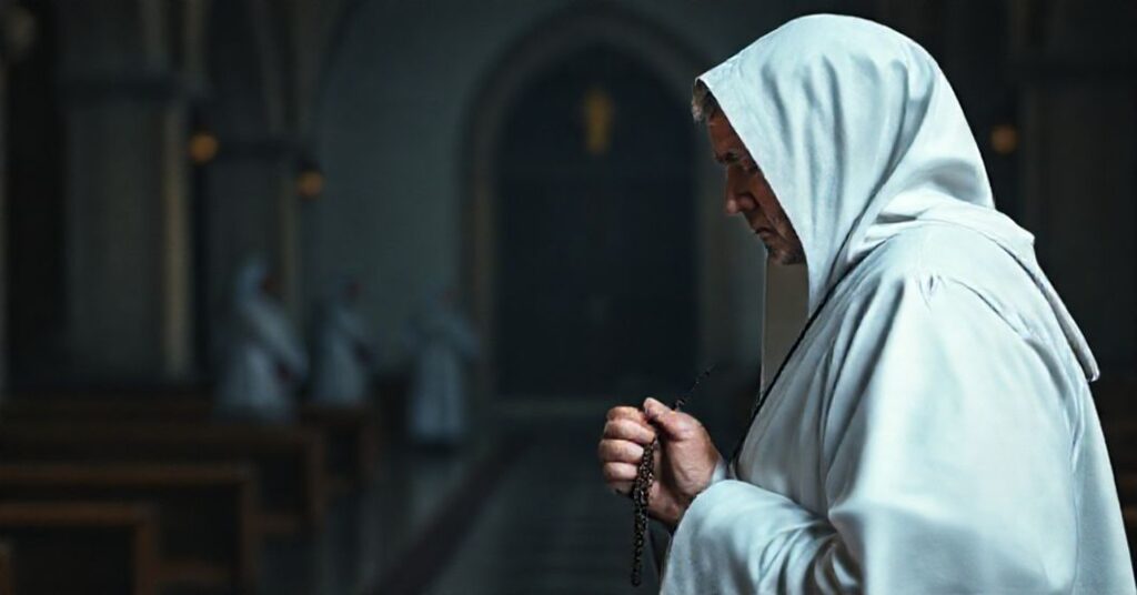 Tradycyjny dominikanin w białym habitach stoi w pustej kaplicy z rosariuszem w ręku. Scena podkreśla kryzys duchowy i porzucenie wiary.
