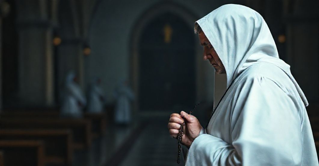 Kryzys wiary dominikanina - porzucenie ślubów zakonnego Tradycyjny dominikanin w białym habitach stoi w pustej kaplicy z rosariuszem w ręku. Scena podkreśla kryzys duchowy i porzucenie wiary.