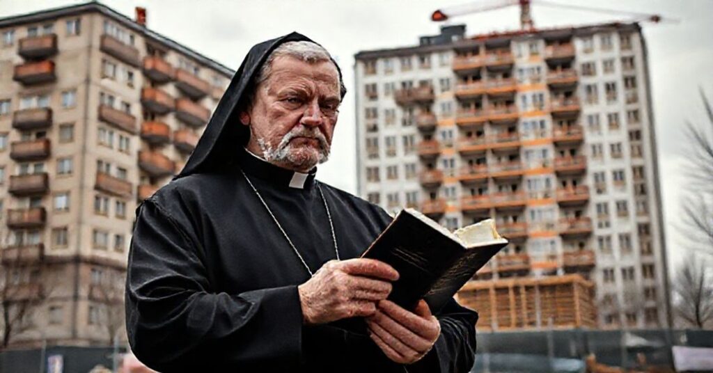 Tradycyjny katolicki ksiądz w sutannie stoi przed nowoczesnym budynkiem mieszkalnym w Krakowie, trzymając zniszczony egzemplarz reguły dominikańskiej. Tło przedstawia zabytkowy klasztor na ul. Stolarskiej.