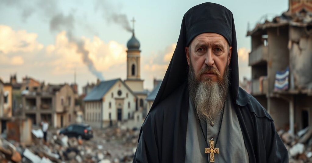 Portret dominikanina Petera Baloga OP w zniszczonym mieście ukraińskim, symbolizujący walkę o wiarę i pokój według nauki Kościoła Katolickiego.