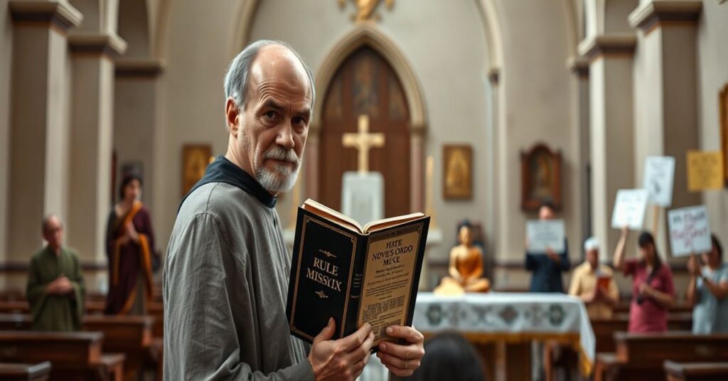 Solemny dominikanin w tradycyjnym habitacie stoi przed pustym kościołem, trzymając zużyty egzemplarz Reguły św. Dominika. Jego twarz wyraża powagę podczas patrzenia na nowoczesny ołtarz z mszałem Novus Ordo i symbolami ekumenicznymi.