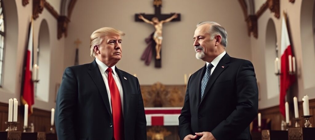 Obraz przedstawiający Donalda Trumpa i Andrzeja Dudę w tradycyjnym polskim kościele, symbolizujący potrzebę boskiego kierownictwa w sprawach bezpieczeństwa narodowego.