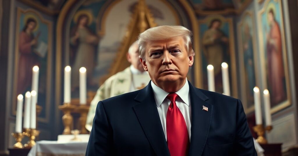 Portret Donalda Trumpa przed ołtarzem katolickim z rozmytą postacią Roberta Prevosta na tle.
