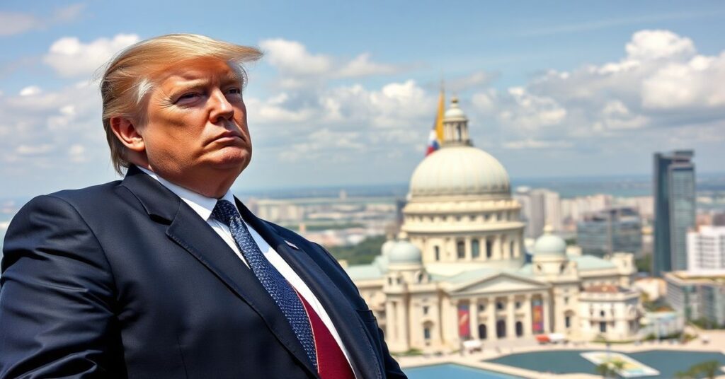 Portret Donalda Trumpa przed Białym Domem z mapą świata i Vladimir Putinem w tle.