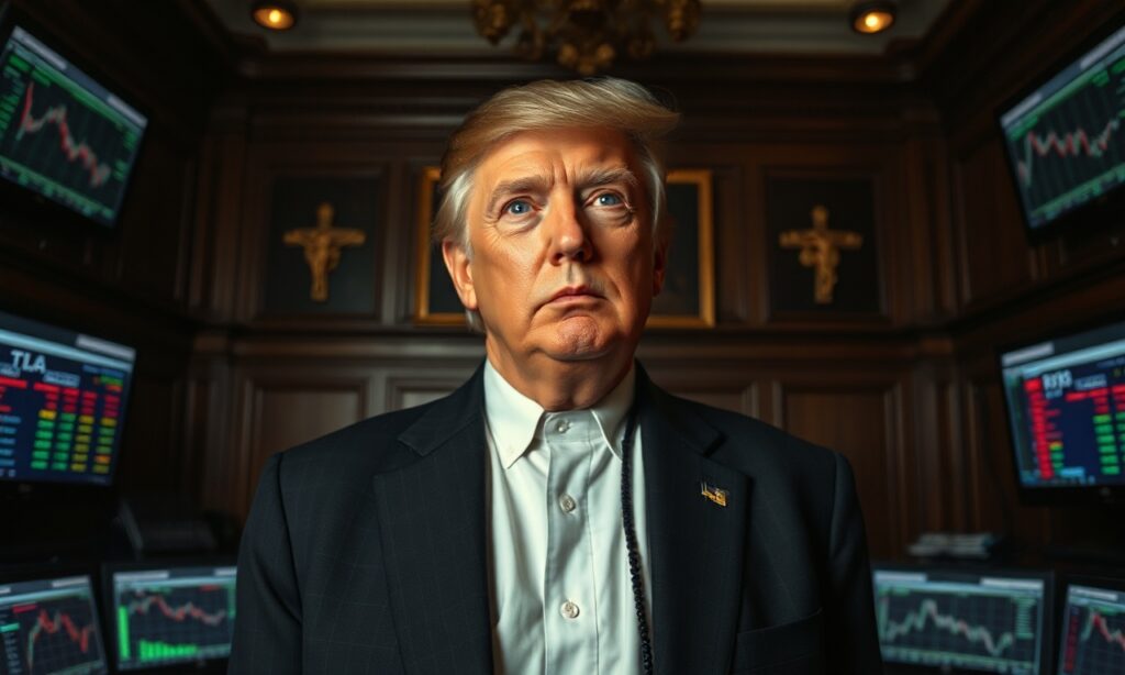 Donald Trump Jr. w biurze z ekranami wyświetlającymi rynki hazardowe - refleksja o etyce i wierze