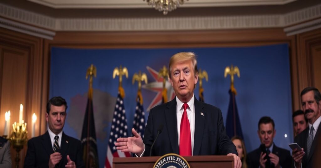 Donald Trump podczas konferencji prasowej o ataku na Iran z doradcami Jaredem Kushnerem i Petem Hegseth, w tle mapy wojskowe i flagi