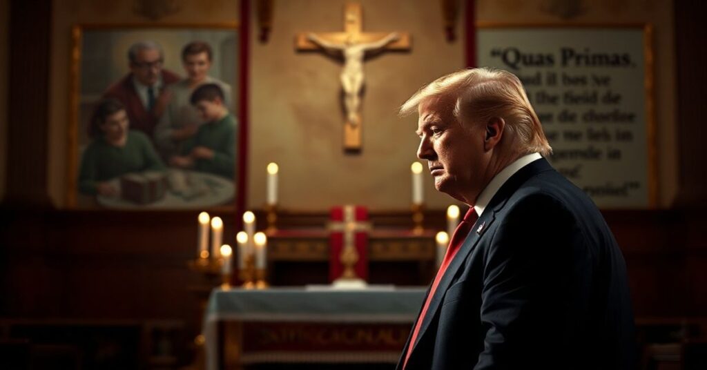 Donald Trump przed ołtarzem w tradycyjnym kościele katolickim, wyrażając żal za wyborami 2020