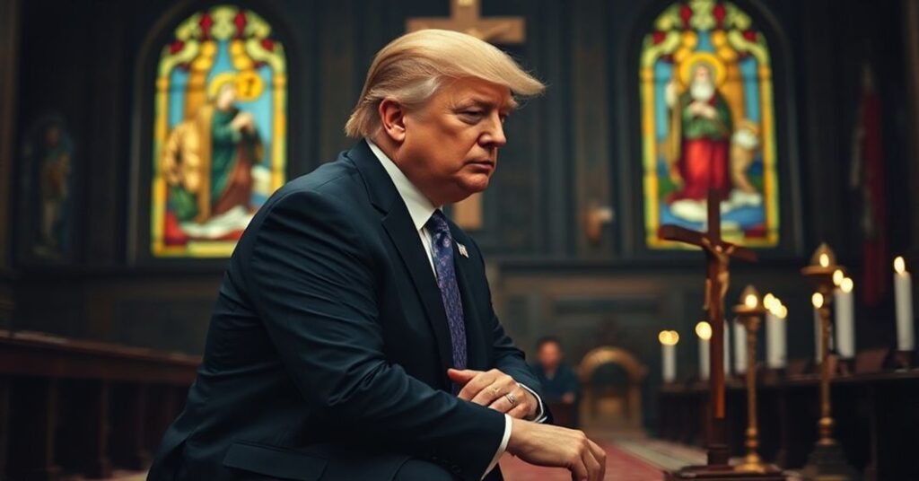 Portret Donalda Trumpa w modlitwie w tradycyjnym katolickim wnętrzu z krzyżem i różańcem