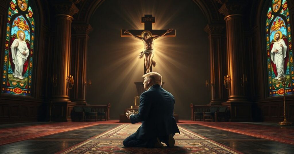 Donald Trump modlący się przed krzyżem w tradycyjnej katolickiej kaplicy z witrażami przedstawiającymi Chrystusa Króla