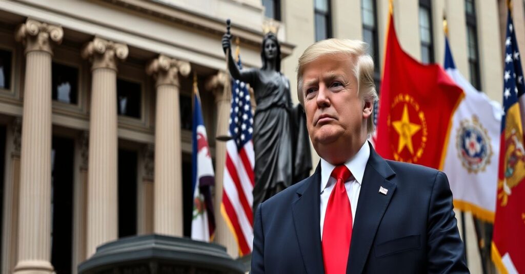 Prezydent Donald Trump przed Sądem Najwyższym w Waszyngtonie, symbolizujący chaos i upadek liberalnej demokracji