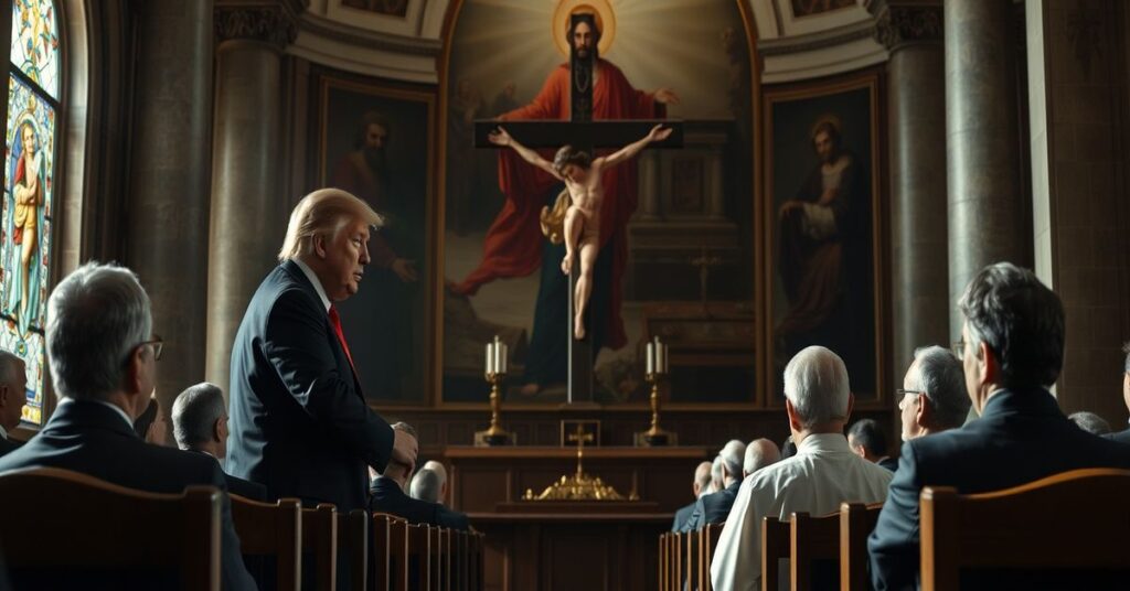 Scena katolicka przedstawiająca polityczne zmagania wokół ustawy SAVE America Act z udziałem Donalda Trumpa i senatorów republikańskich w kaplicy o klasycznej architekturze.