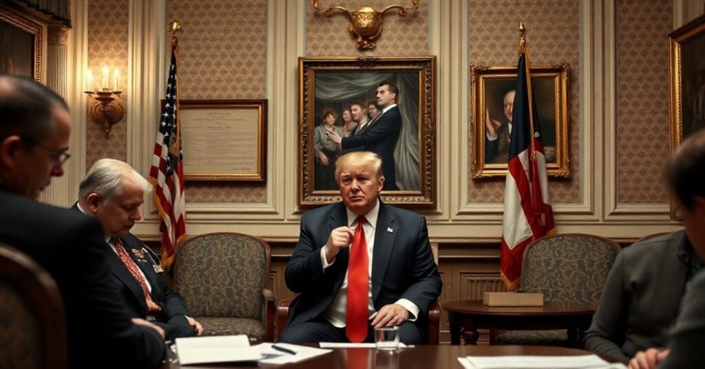 Donald Trump siedzący w gabinecie prawnym z dokumentami Epsteina i krzyżem w tle.