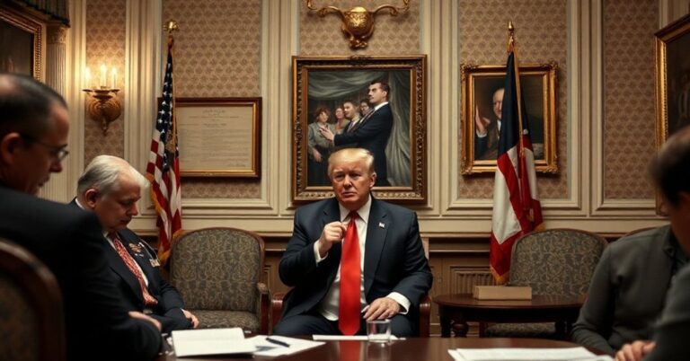 Donald Trump siedzący w gabinecie prawnym z dokumentami Epsteina i krzyżem w tle.