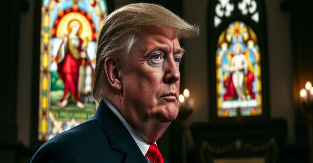 Portret Donalda Trumpa w tradycyjnym kościele katolickim z witrażem przedstawiającym Baranka Bożego.