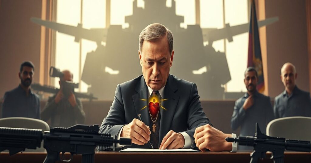 Portret Donalda Tuska podczas podpisywania kontraktu na system antydronowy SAN, z tłem militarnych technologii i symbolami Chrystusa Króla oraz Niepokalanego Serca Maryi.