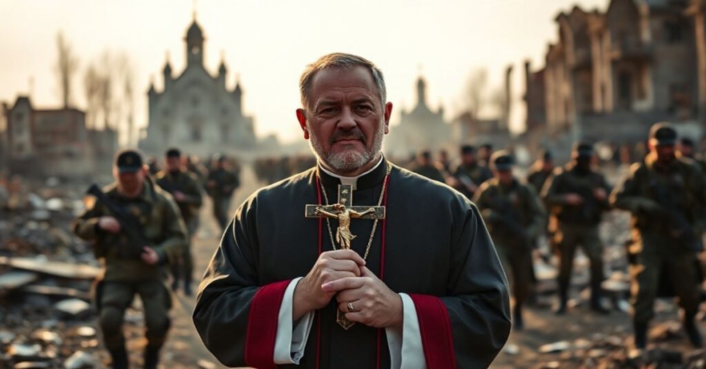 Ksiądz w tradycyjnym strojku kapłańskim stoi w zniszczonym krajobrazie Donbasu trzymając krucyfiks podczas gdy żołnierze wycofują się na tle