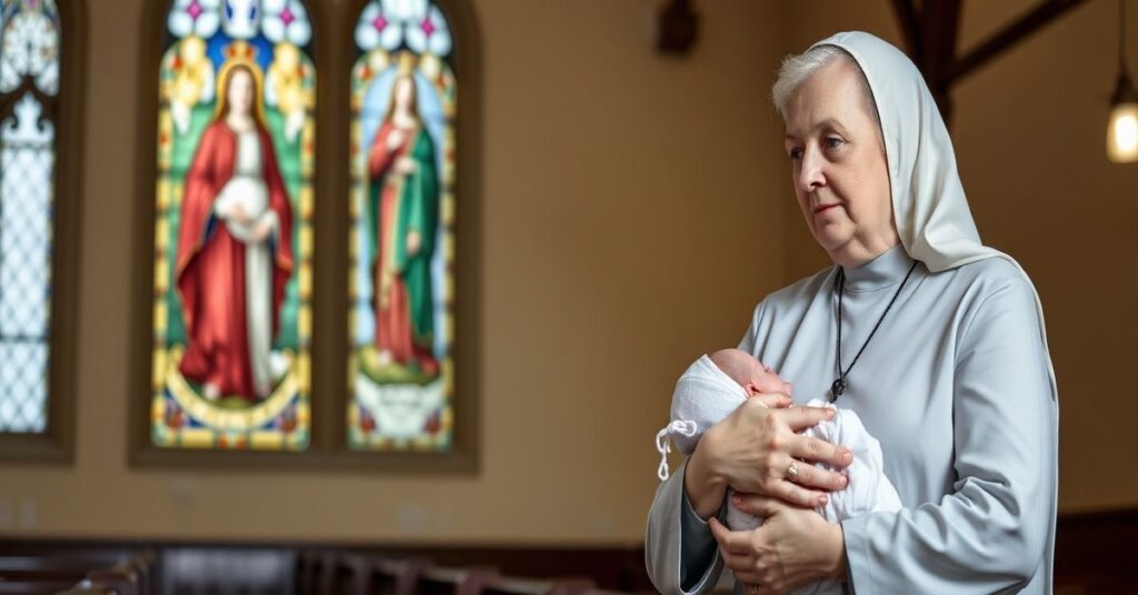 Portret dr Genowefy Abłażej w tradycyjnym kościele katolickim z różańcem i matką z dzieckiem na tle witrażu Matki Boskiej.