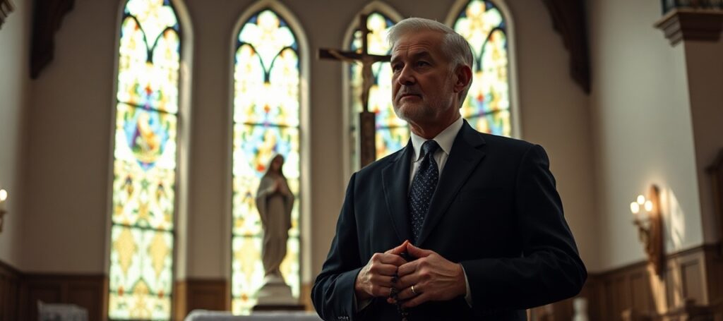 Dr Marty Makary w tradycyjnym kościele katolickim z różańcem w ręku i kontemplacyjnym wyrazem twarzy
