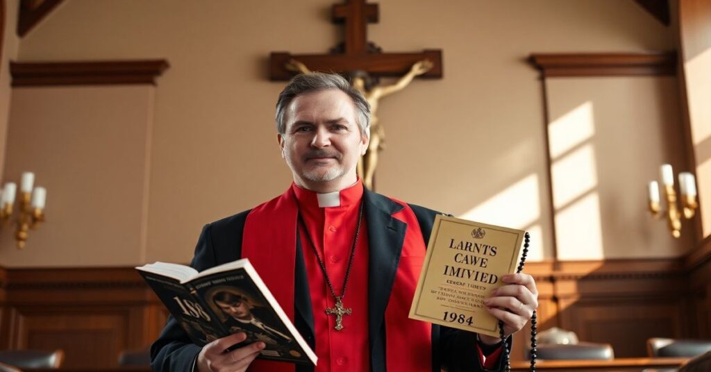 Portret Dr. Matta Straussa w tradycyjnym kanadyjskim izbie parlamentarnym z krzyżem w tle.