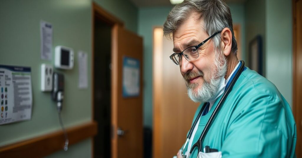 Portret dr. Toma Cateny w ruinach szpitala w Sudanie, otoczony cierpiącymi pacjentami i rozpadającymi się budynkami.