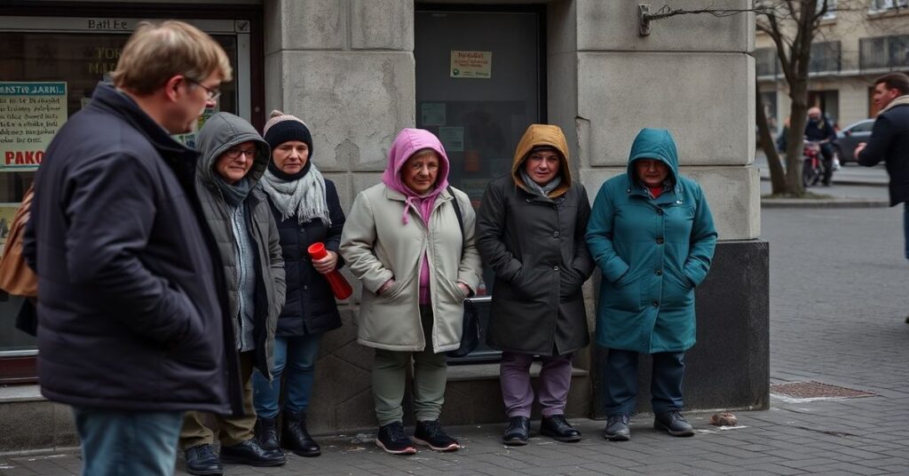Agnieszka Sikora z fundacji Po Drugie stoi przed grupą młodych bezdomnych na ulicy w mieście z zamkniętą katolicką kaplicą na tle