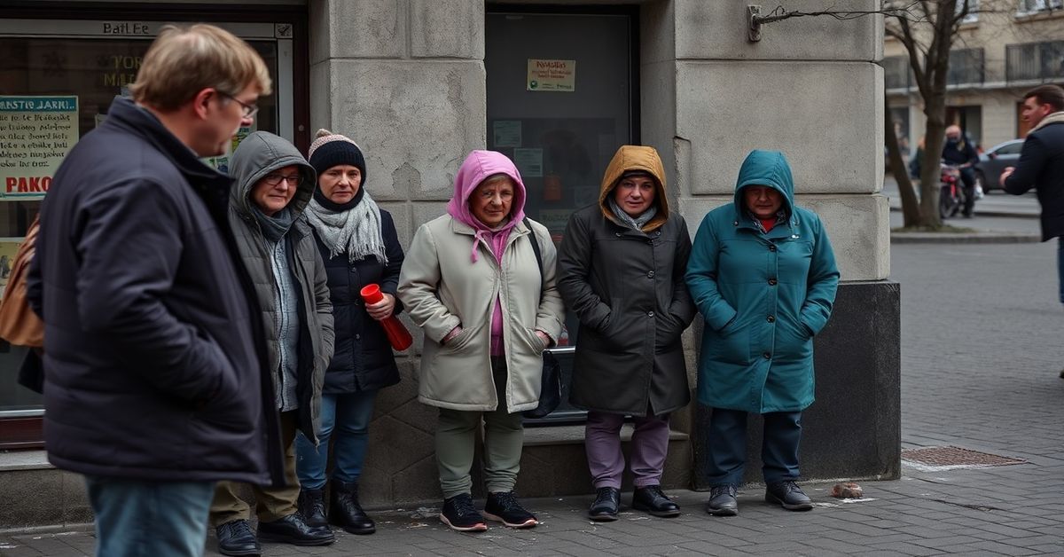 Agnieszka Sikora z fundacji Po Drugie stoi przed grupą młodych bezdomnych na ulicy w mieście z zamkniętą katolicką kaplicą na tle