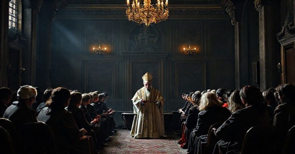 Obraz przedstawiający dramat nadużyć seksualnych w neo-kościele jako owoc apostazji doktrynalnej