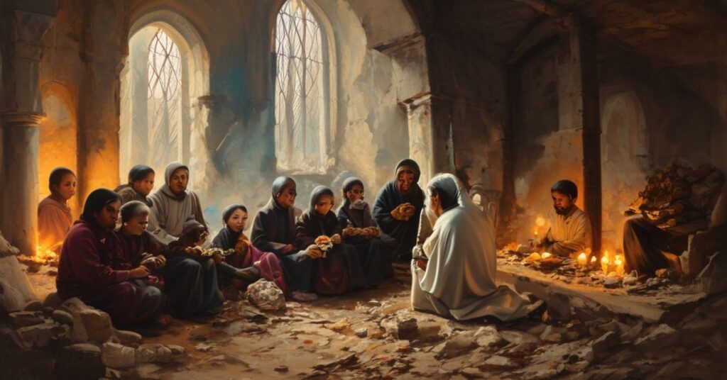 Grupa sierot w Strefie Gazy siedzących w ruinach kościoła, z kapłanem udzielającym pocieszenia