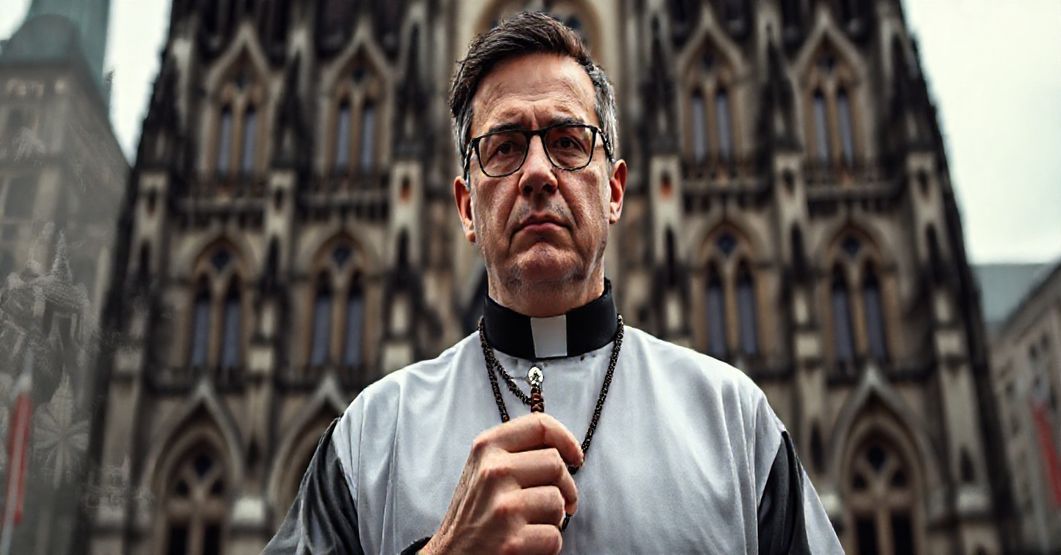 Katolicki ksiądz modli się przed katedrą św. Trójcy w Dreźnie, symbolizując katolickie dziedzictwo pominięte w promocji turystycznej miasta.