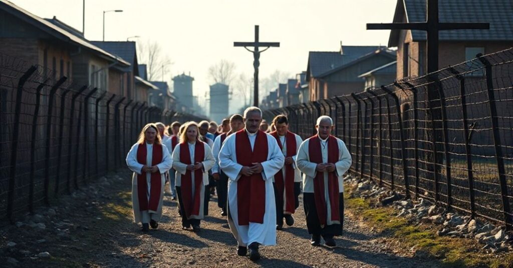 Pielgrzymi katolickich uczestniczy w Drogi Krzyżowej na terenie Auschwitz-Birkenau, przechodząc obok ruin krematoriów i drutu kolczastego.