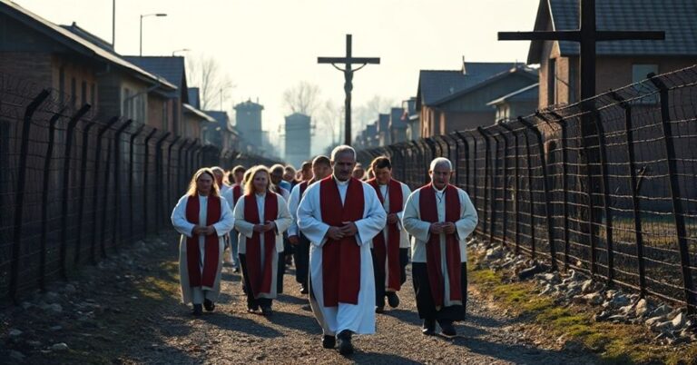 Pielgrzymi katolickich uczestniczy w Drogi Krzyżowej na terenie Auschwitz-Birkenau, przechodząc obok ruin krematoriów i drutu kolczastego.