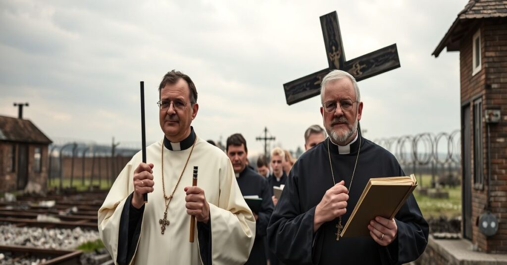 Pobożna procesja Drogi Krzyżowej w Oświęcimiu-Brzezince z udziałem "ks. Piotra Leśniaka" i "ks. Wojtka Medwieda" wśród ruin krematoriów.
