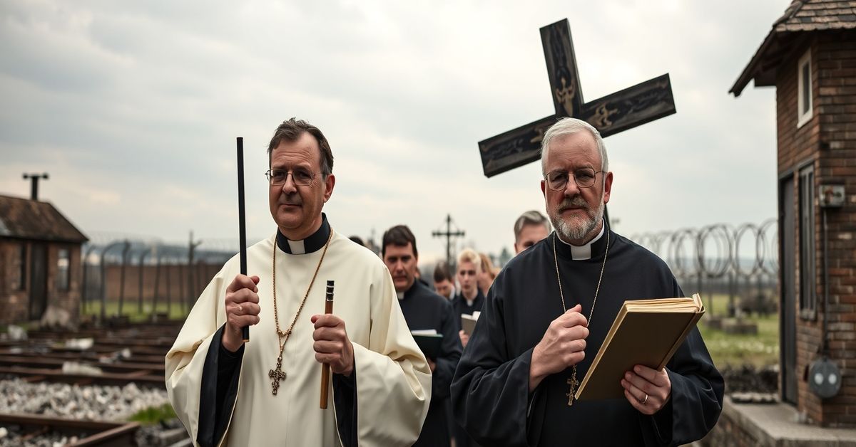 Pobożna procesja Drogi Krzyżowej w Oświęcimiu-Brzezince z udziałem "ks. Piotra Leśniaka" i "ks. Wojtka Medwieda" wśród ruin krematoriów.