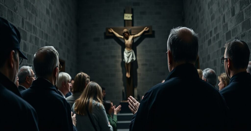 Grupa ludzi modląca się podczas Drogi Krzyżowej w dawnym więzieniu Rakowiecka w Warszawie pod przewodnictwem kapłana w sutannie przed wielkim krzyżem. Scena jest poważna i pokorna.