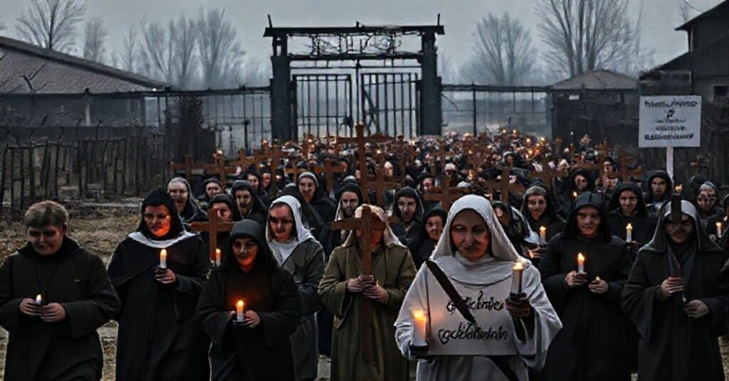 Grupa wiernych uczestniczących w kontrowersyjnej Droga Krzyżowa w byłym obozie Auschwitz-Birkenau