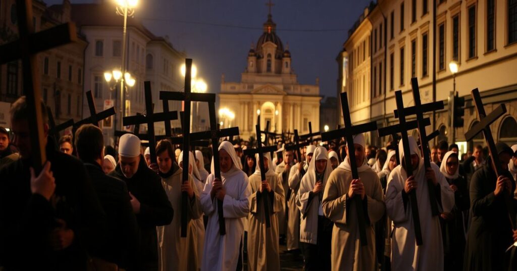 Pobożna grupa wiernych bierze udział w Drogi Krzyżowej w Warszawie podczas procesji od Placu Zamkowego do Bazylice Świętego Krzyża.
