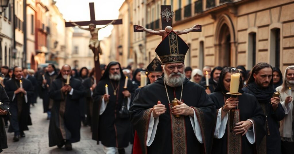Procesja Drogi Krzyżowej w Warszawie prowadzona przez siedziewacantystowskiego biskupa w tradycyjnych szatach liturgicznych. Wierni trzymają świece i różańce w atmosferze głębokiej pobożności.
