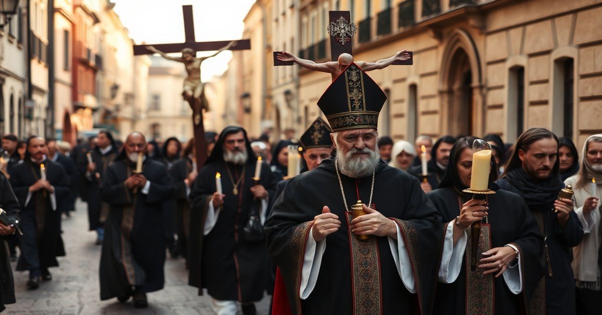 Procesja Drogi Krzyżowej w Warszawie prowadzona przez siedziewacantystowskiego biskupa w tradycyjnych szatach liturgicznych. Wierni trzymają świece i różańce w atmosferze głębokiej pobożności.