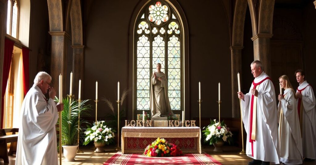 Klerycy w sutannach modlą się przed krucyfiksem na tle kościoła podczas Drodze Krzyżowej Ludzi Pracy na Żoliborzu.