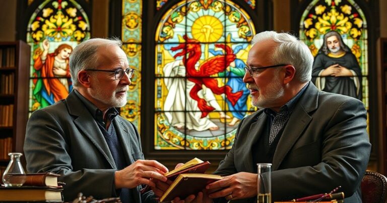 Obraz przedstawia dr. Jamesa M. Tourego w rozmowie z Tuckerem Carlsonem w tradycyjnym katolickim otoczeniu.