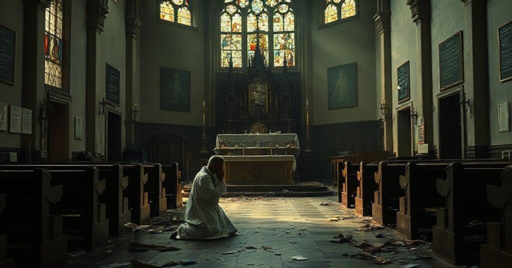 Tradycyjny kościół katolicki ze zniszczonymi elementami sakralnymi i modlącym się księdzem w środku