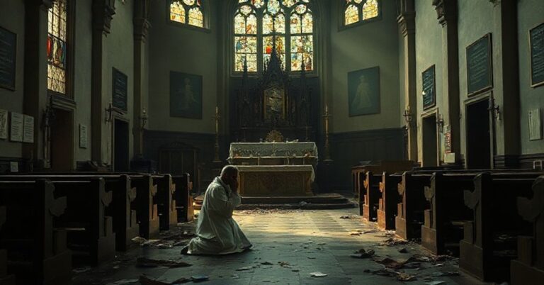 Tradycyjny kościół katolicki ze zniszczonymi elementami sakralnymi i modlącym się księdzem w środku