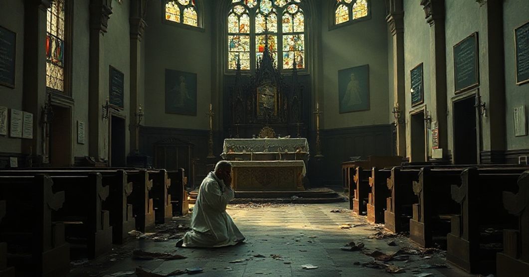 Tradycyjny kościół katolicki ze zniszczonymi elementami sakralnymi i modlącym się księdzem w środku