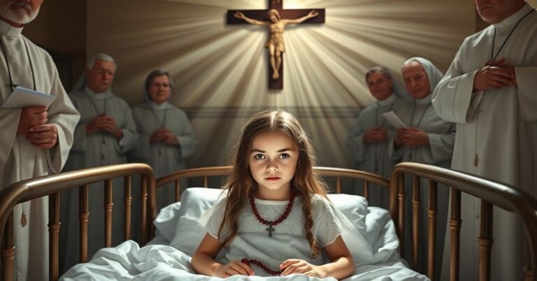 Dziewczyna w tradycyjnym łóżku szpitalnym katolickim z różańcem, otoczona przez poważnych duchownych w sutannach i surplicach, promienie boskiego światła z krzyża nad głową