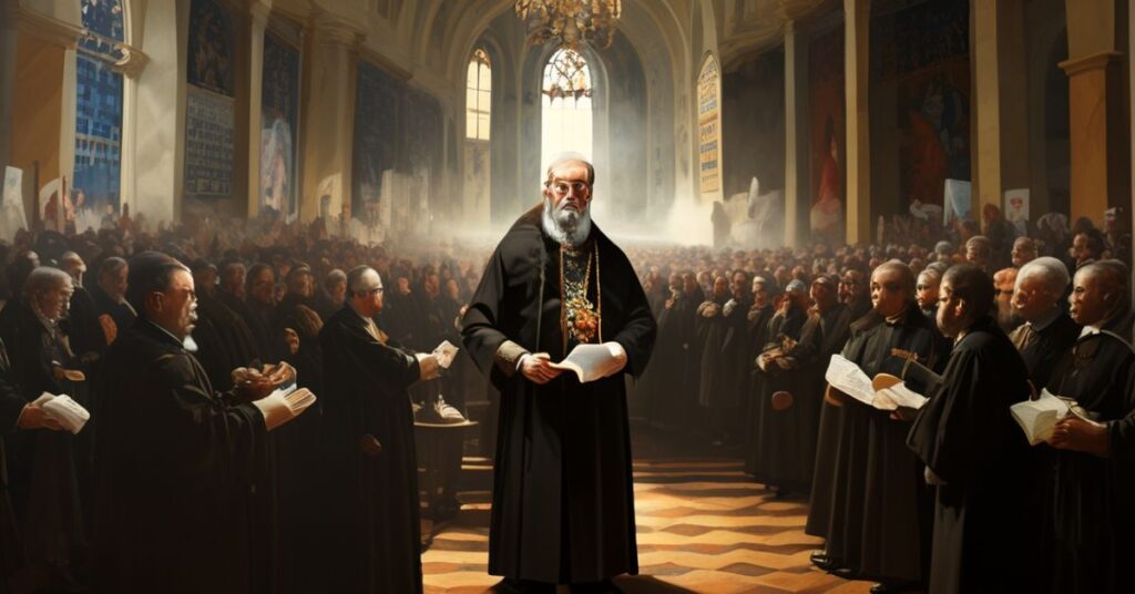 Biskup katolicki w tradycyjnych szatach stoi przed zebraniem europejskich urzędników w wielkim, ale duchowo pustym salonie.